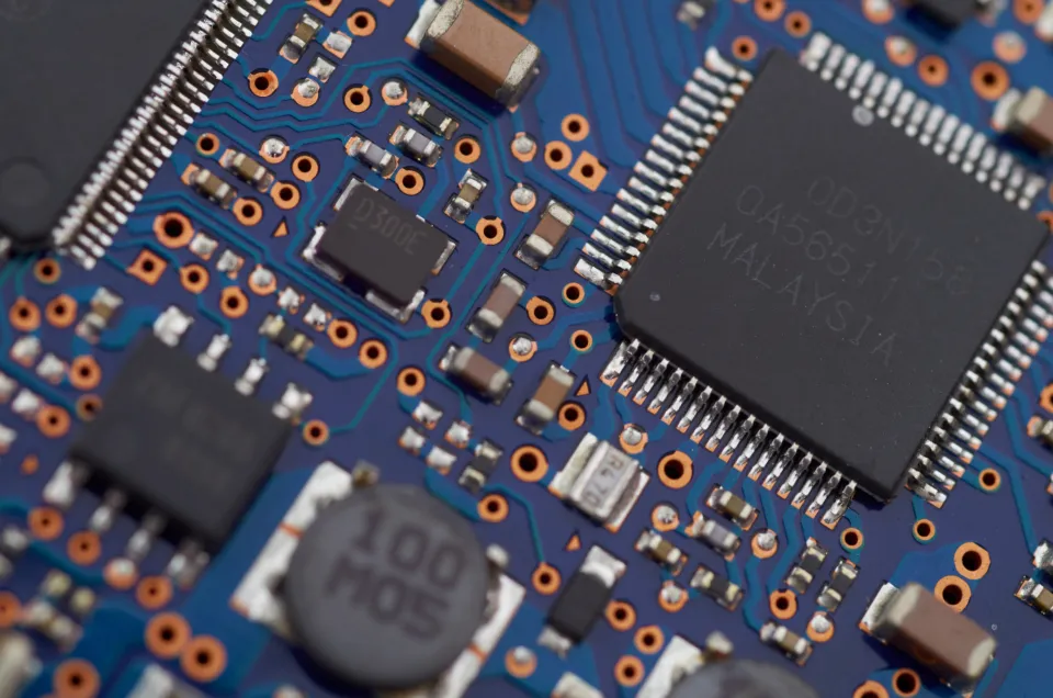 Close view of a sensor circuit board with its chips and components